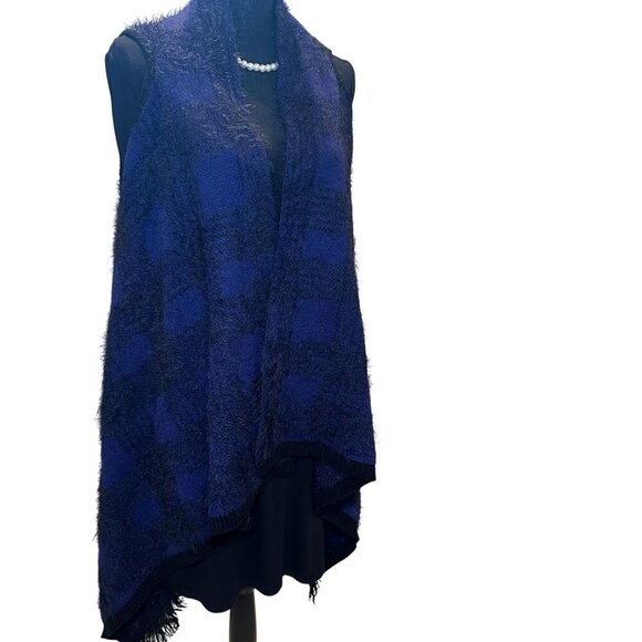 Vertigo Plaid Fuzzy Cardigan Womens Open Front Tweed Wrap Cape Boho Fringe Trim - Picture 2 of 16